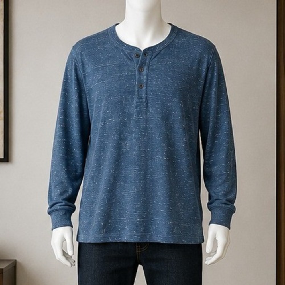 The Foundry Mens Henley Shirt Blue Waffle Knit Thermal Long Sleeve 2XL